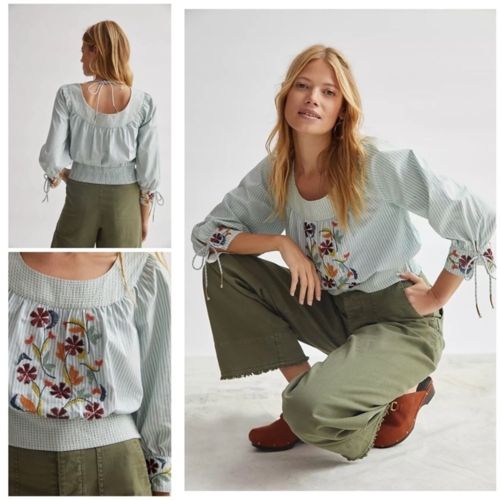 Anthropologie pinstripe blouse with flower decals